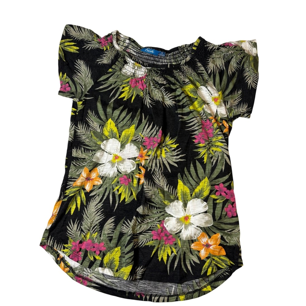 Fresh‎ Womens Tropical Floral Smocked Neck Flutter Sleeve Top Black Small